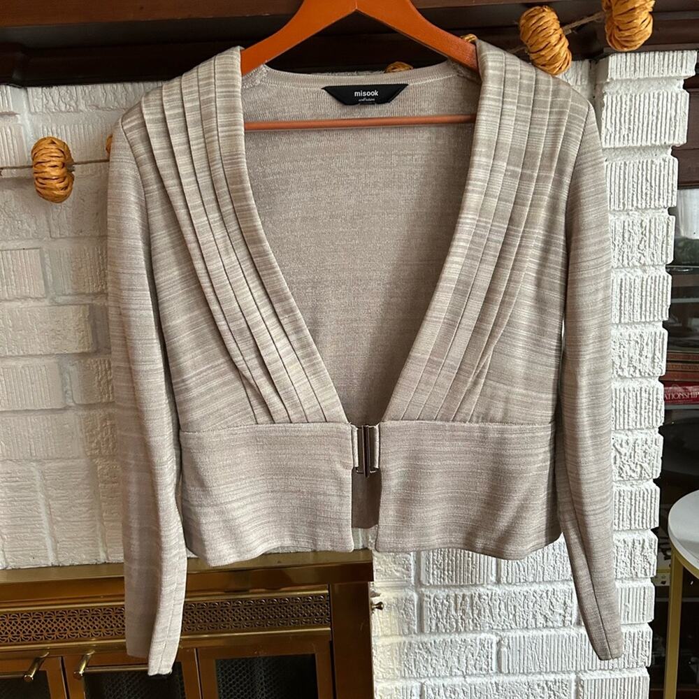 Misook Collection Pleated Blouse Clasp Deep V-Neck Top Tan Size S